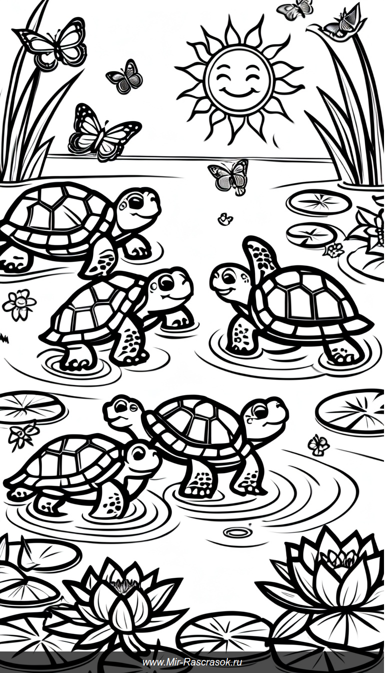 Раскраска с веселыми черепашками у пруда среди кувшинок и бабочек