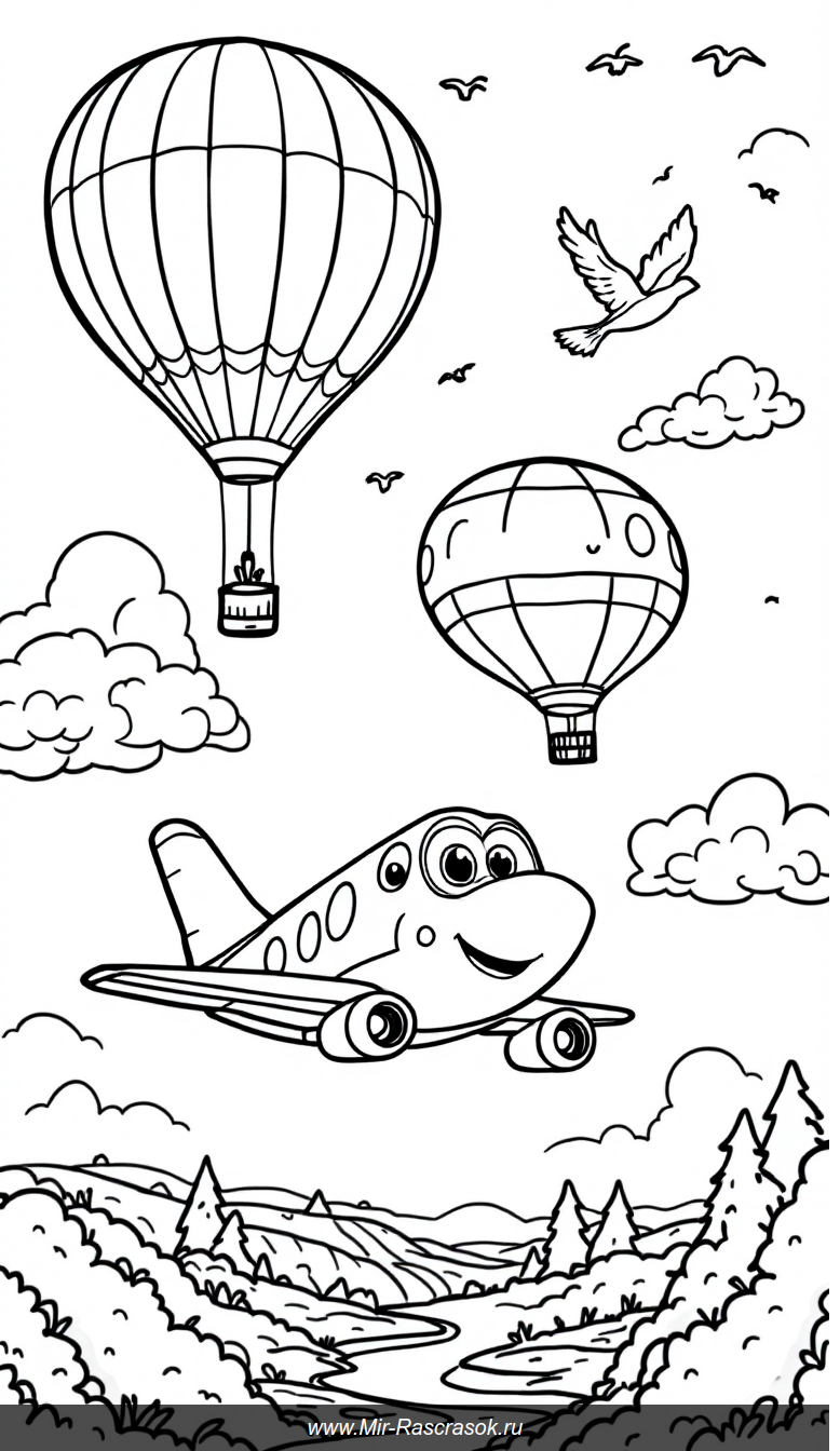 Веселое небо для раскрашивания воздушные шары и дружелюбный самолет
