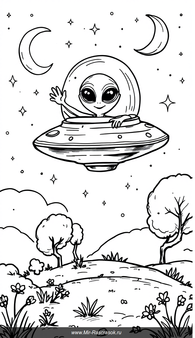 Дружелюбный инопланетянин в приячельном пейзаже для детской раскраски
