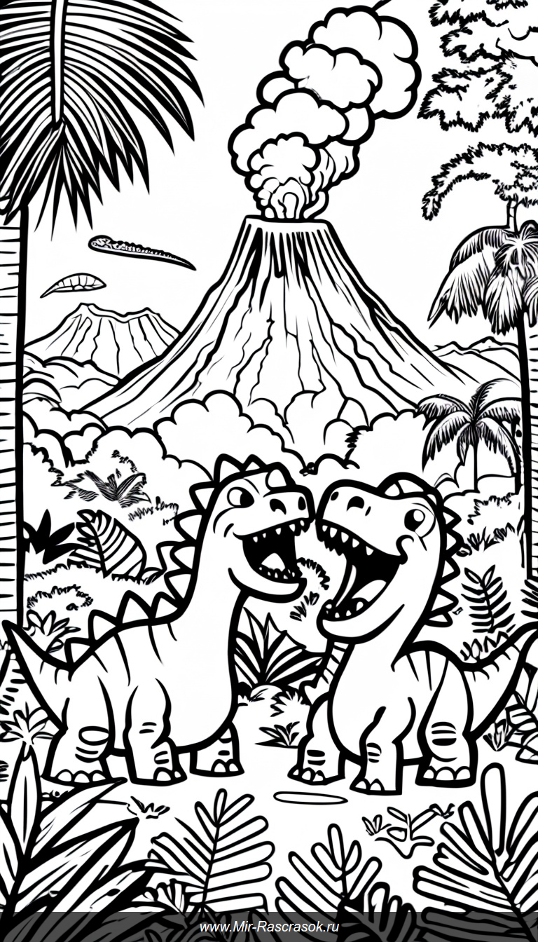 Раскраска с радостными динозаврами в доисторическом джунглях