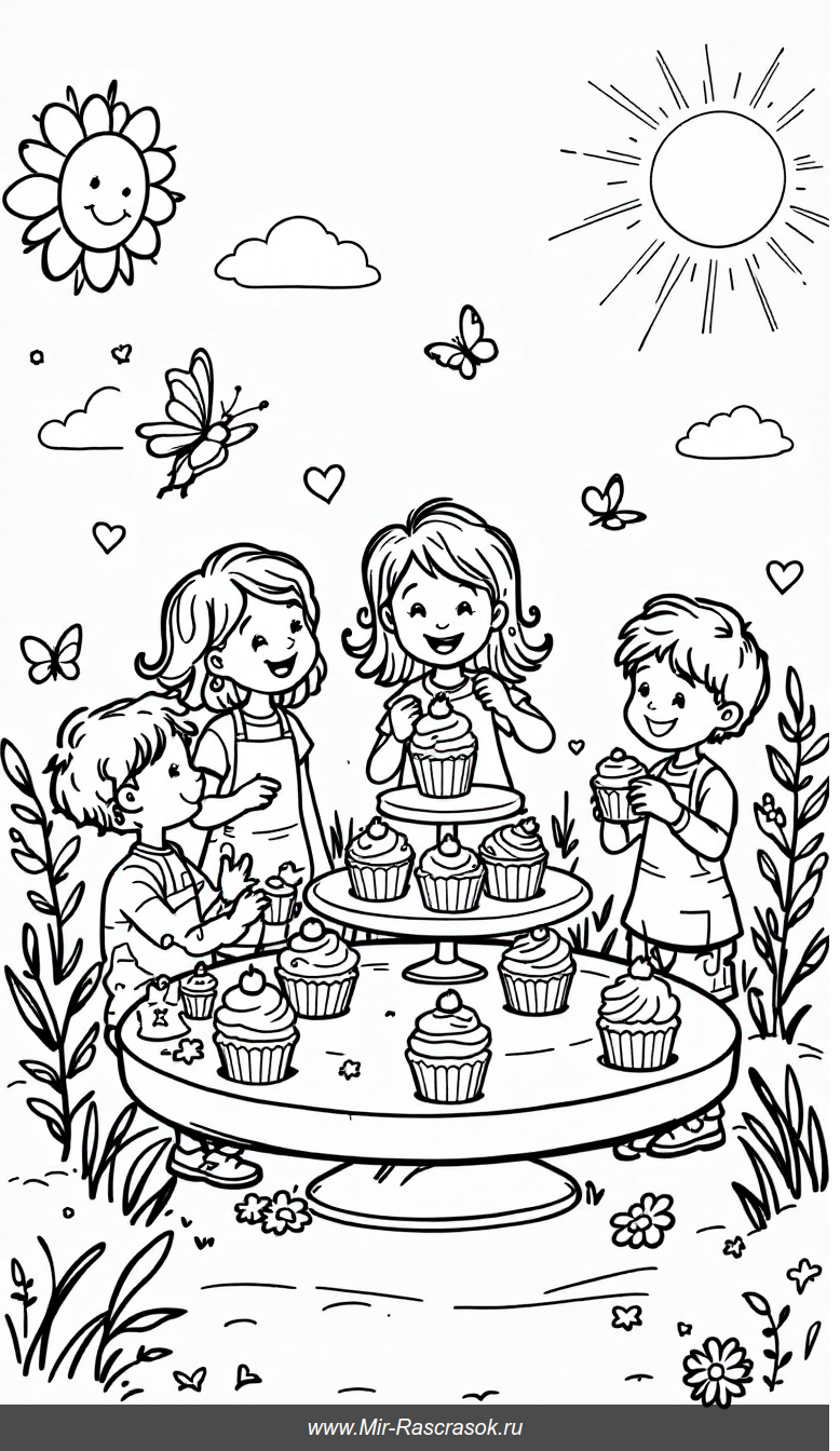 Веселое украшение кексов друзьями на праздничном раскраске для детей