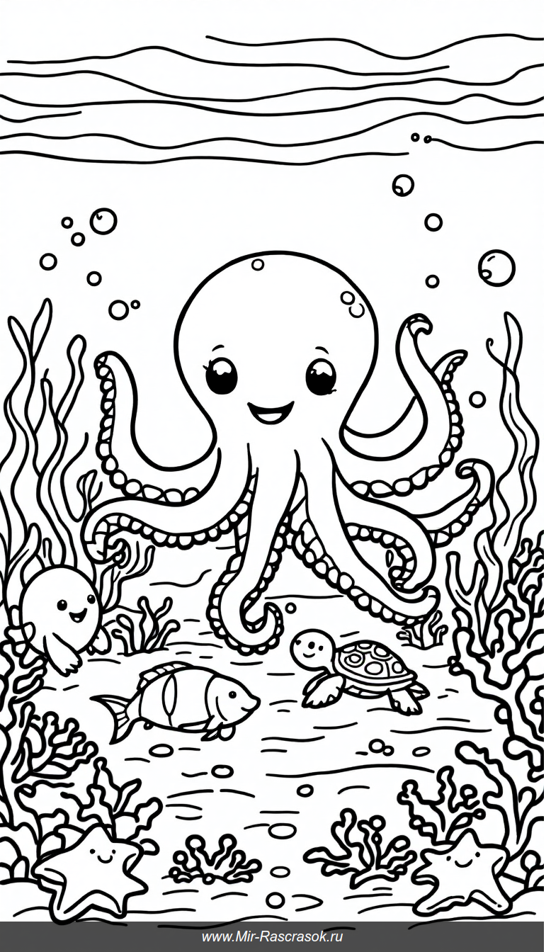 Дружелюбный подводный мир для детской раскраски