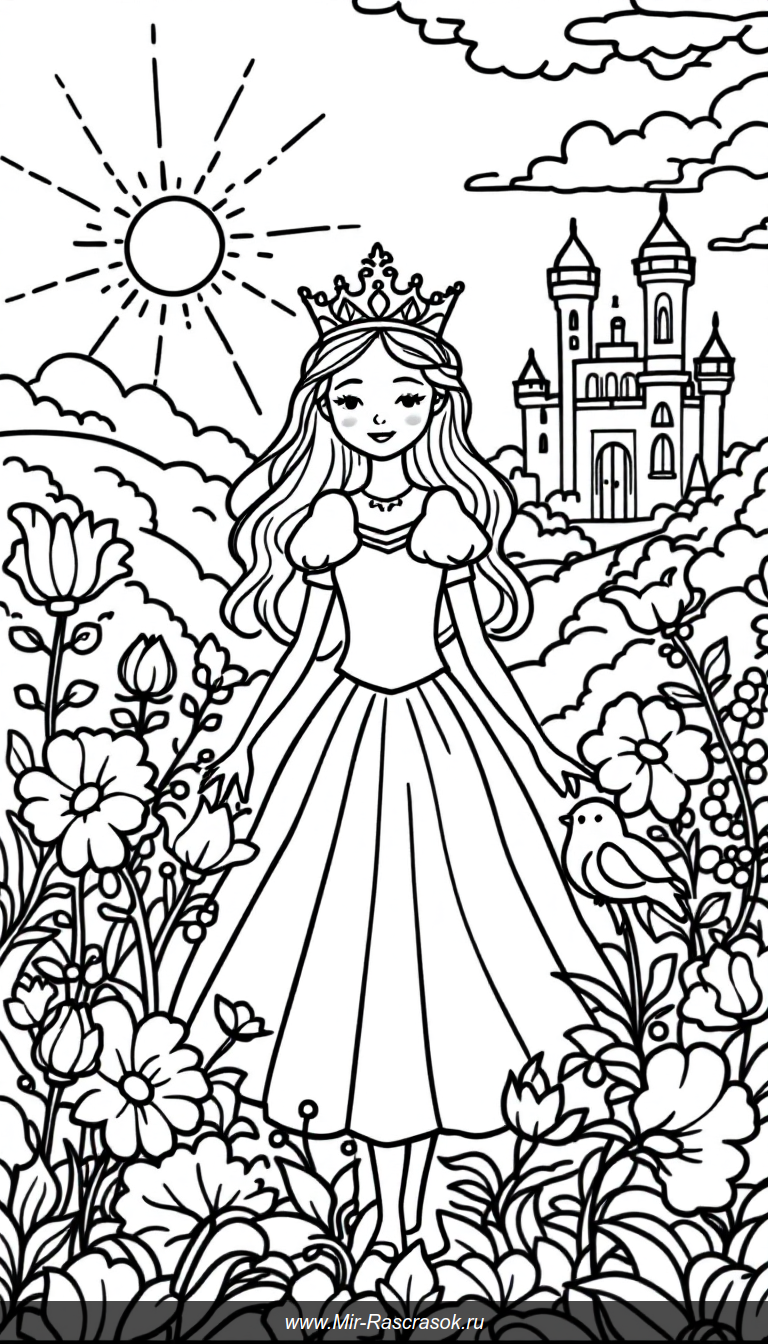 Раскраска с доброй принцессой в волшебном саду для детей