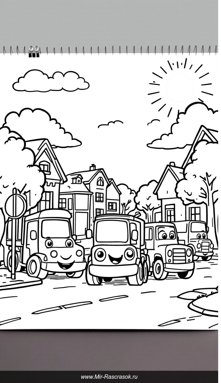 Весёлые машины на улицах города в раскраске для малышей