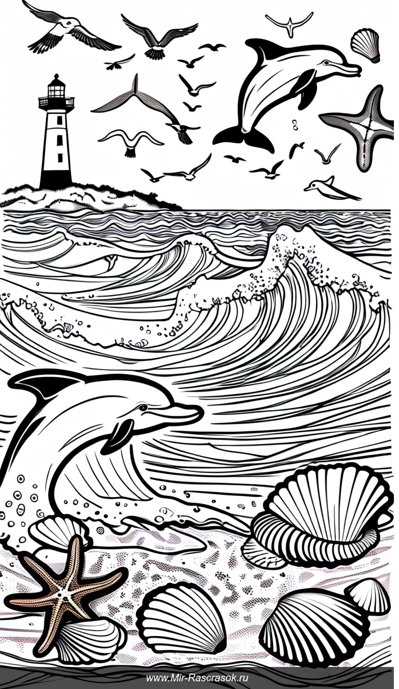 Раскраска морские волны дельфин ракушки маяк и чайки