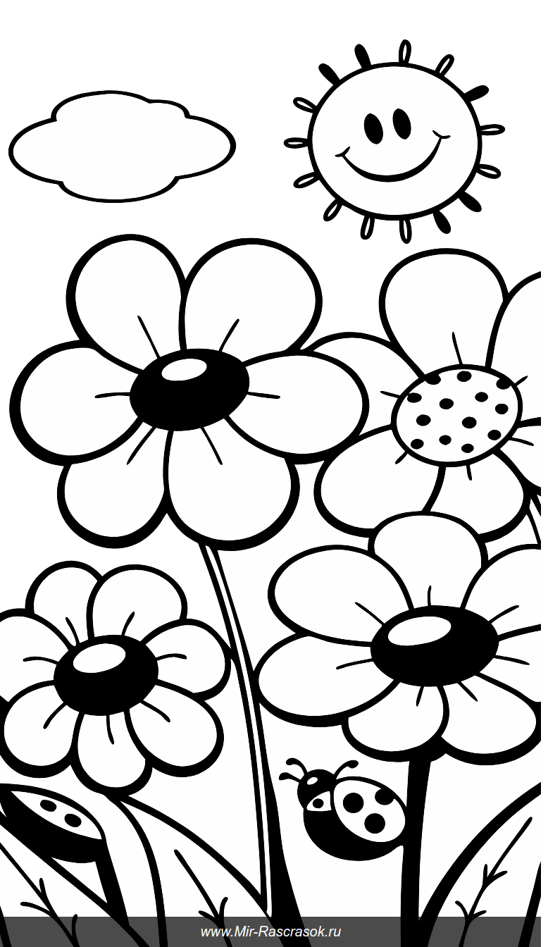 Веселая раскраска: цветущий сад с солнышком и божьей коровкой