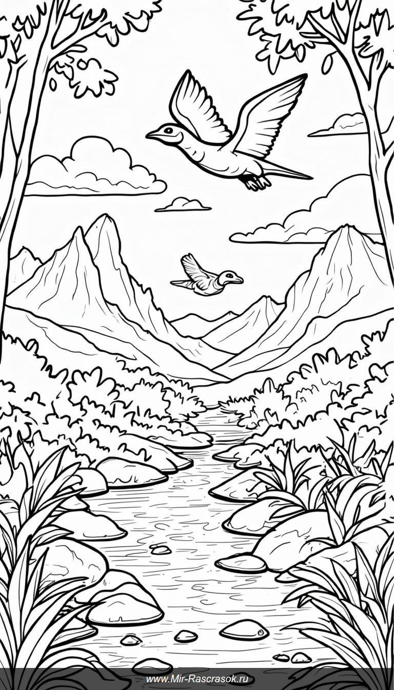 Раскраска с летящими птеродактилями над доисторическим пейзажем