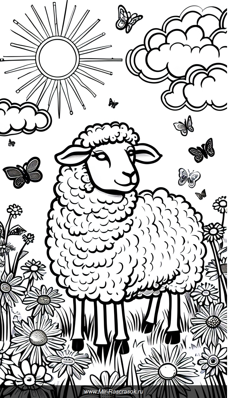 Раскраска с пушистым барашком на лугу среди цветов и бабочек