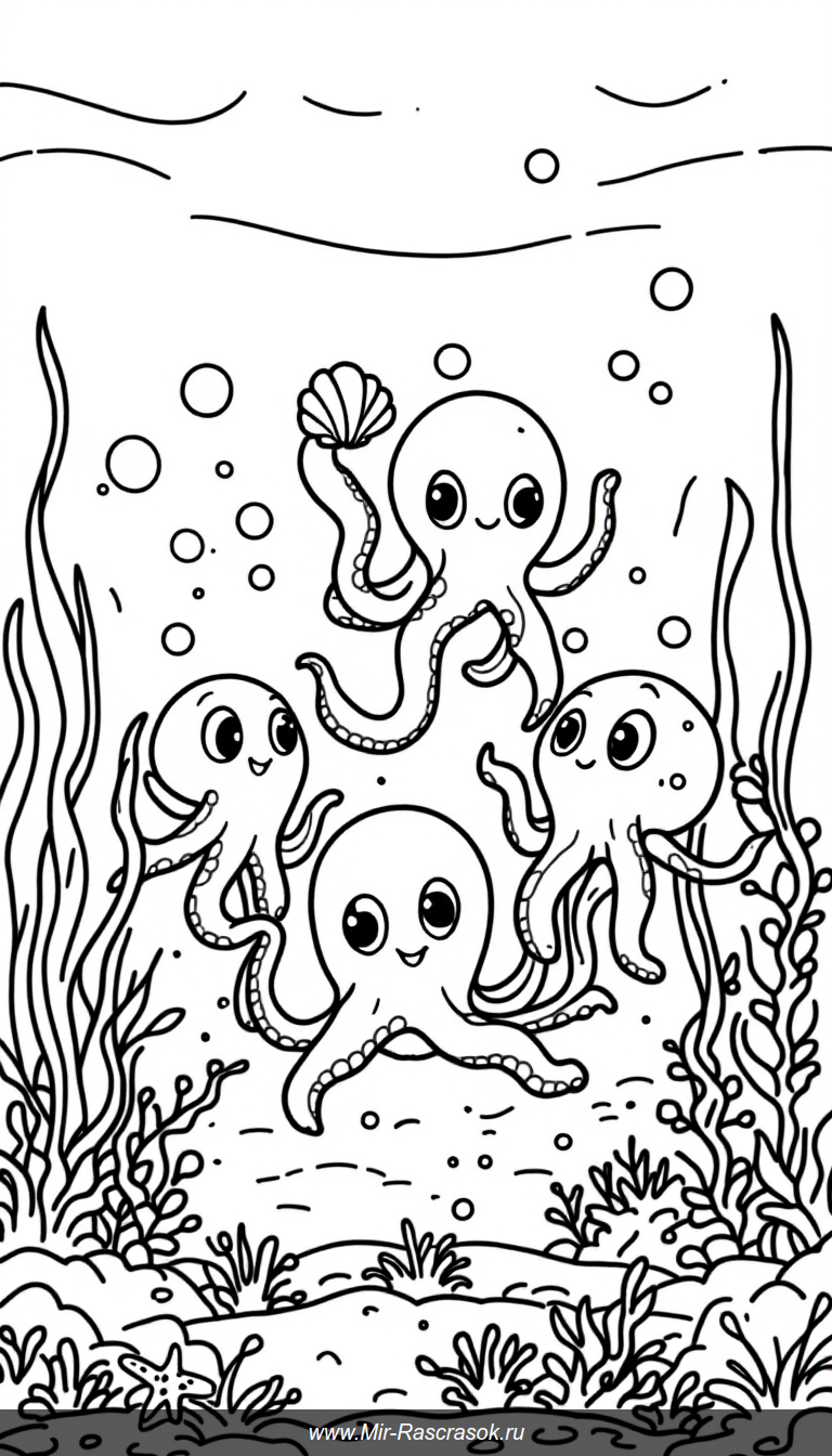 Весёлые осьминожки друзья для раскраски