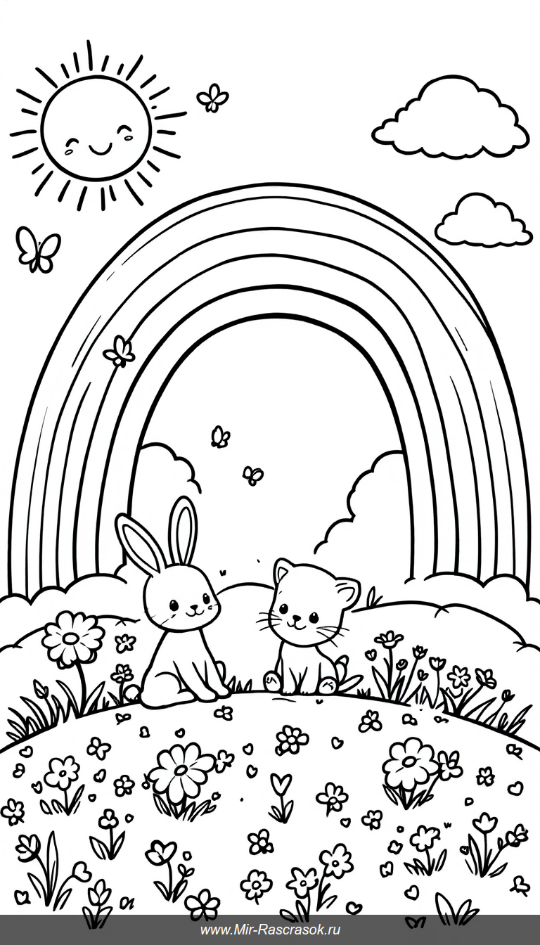 Насладитесь радостью и творчеством с нашими весёлыми радужными раскрасками 🌈✨ Простые и дружелюбные рисунки с животными и облаками идеально подходят для детей 🐰🐱🐶 Развивайте фантазию и создавайте яркие шедевры вместе с нами 🎨🌞 Идеально для семейного досуга и обучения цветам!