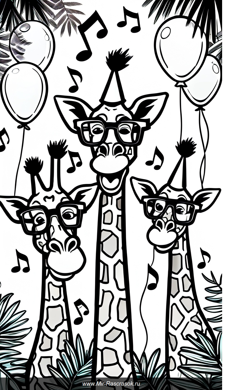 Весёлые жирафы в очках и шляпках в волшебном джунглях для раскрашивания