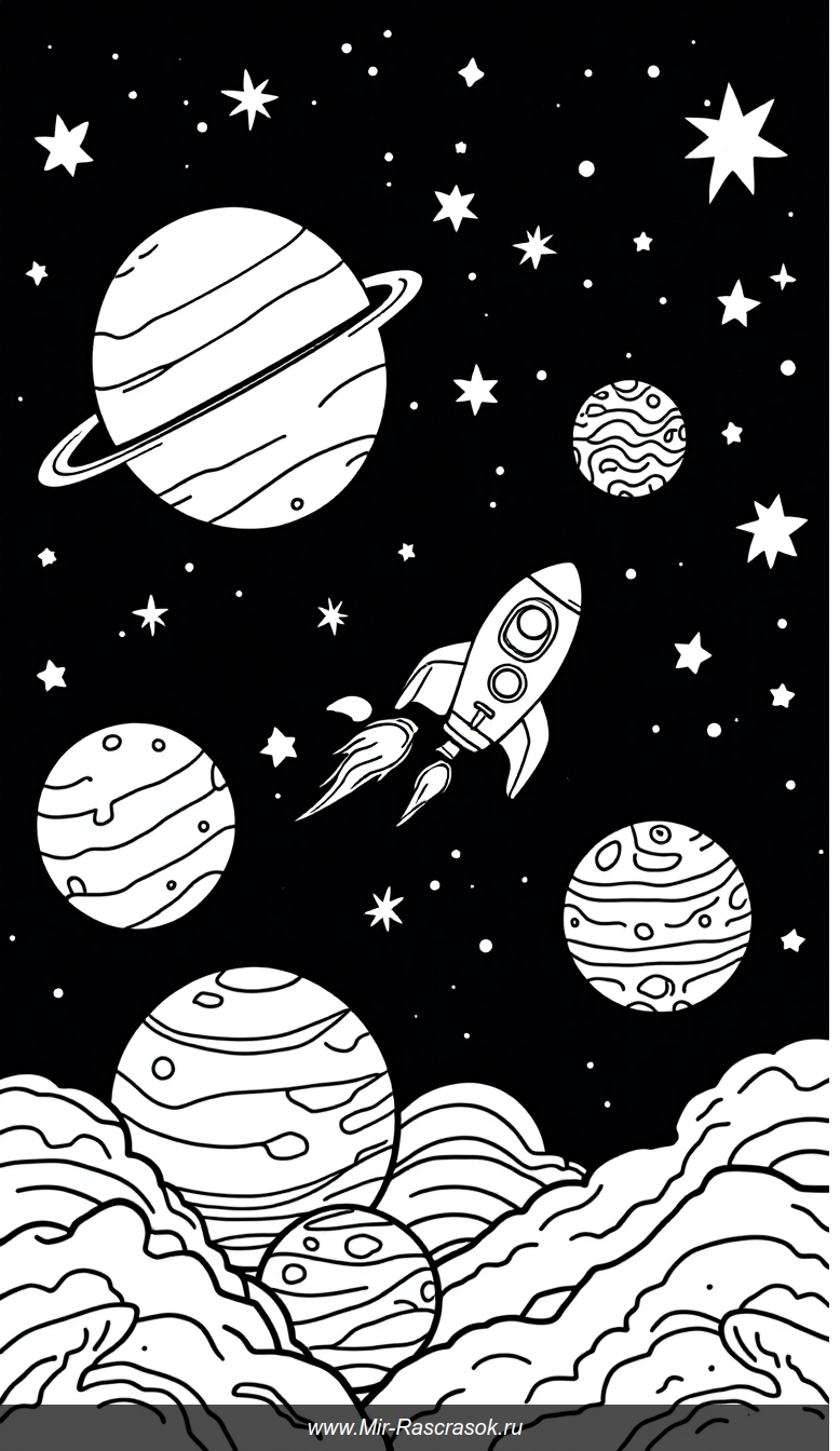 Космическая раскраска для детей с улыбающимися планетами и звездочками