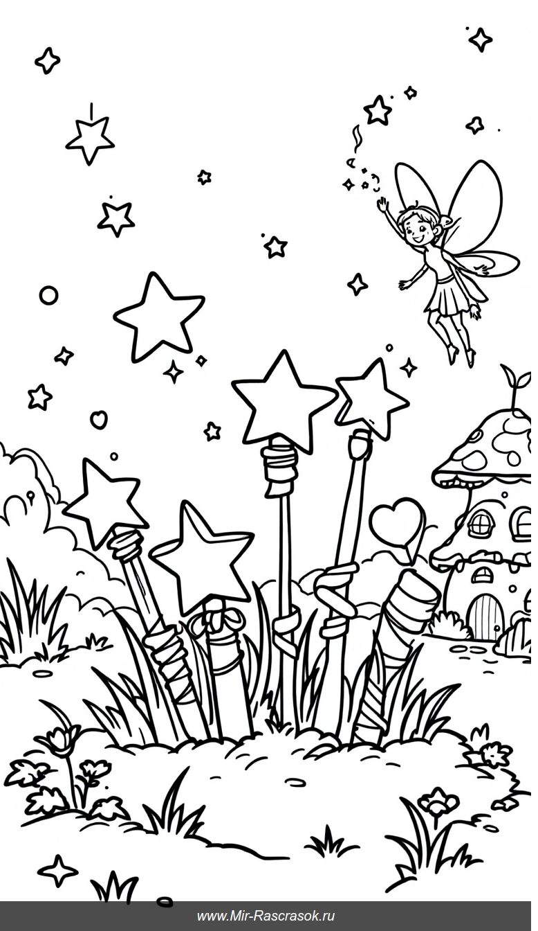 Волшебные палочки и улыбчивая фея в детской раскраске