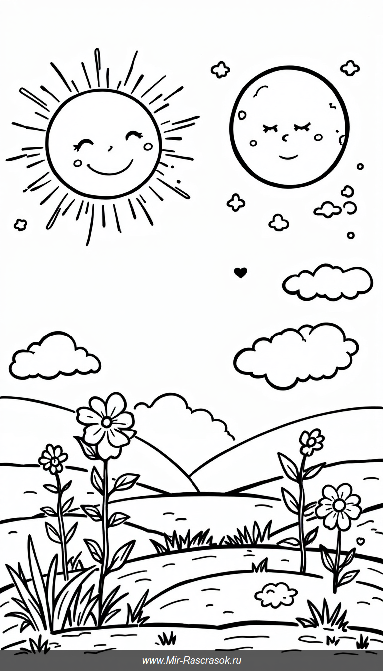 Солнце, Луна и Облака для Детского Раскраски