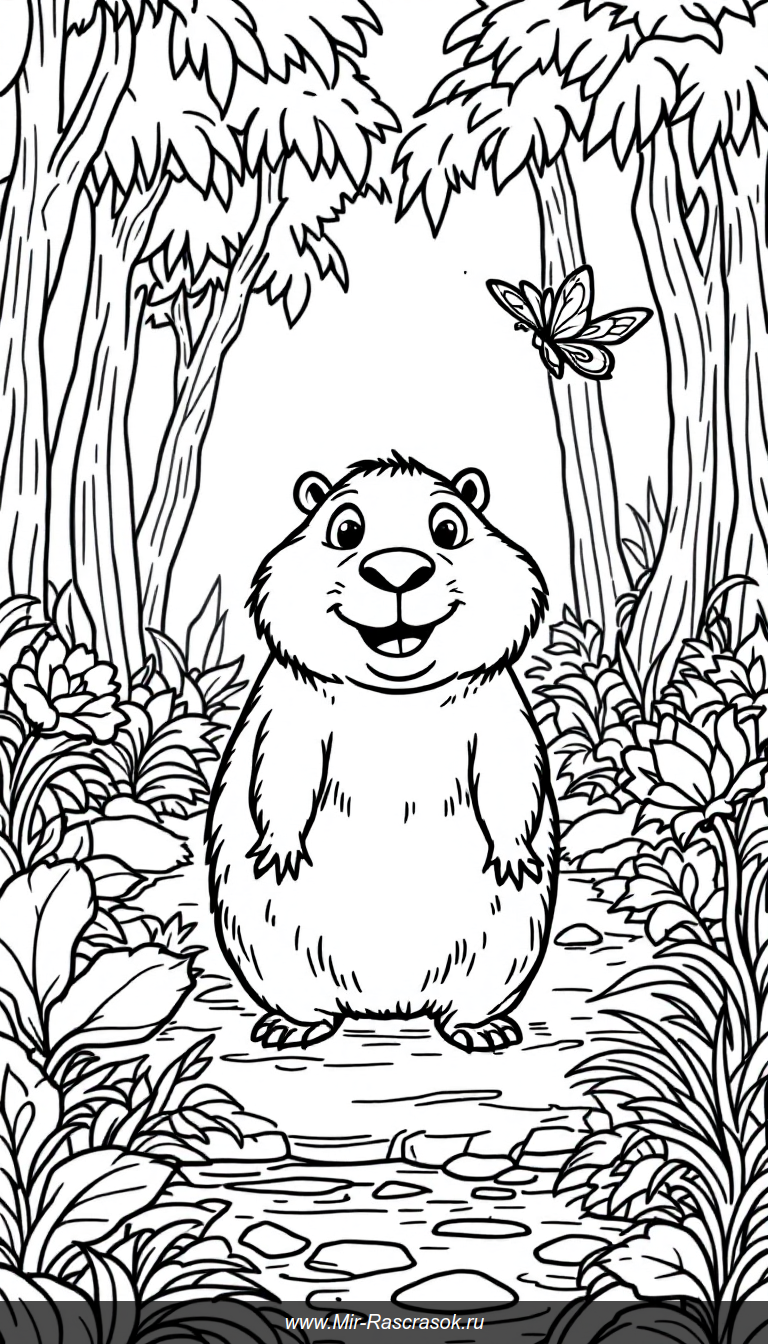 Весёлое приключение капибары в джунглях для детской раскраски