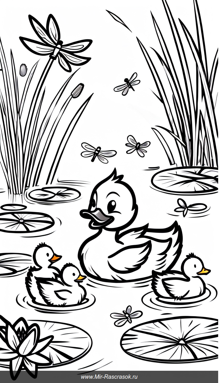 Веселая мама-утка и пухлые утята на пруду для раскраски