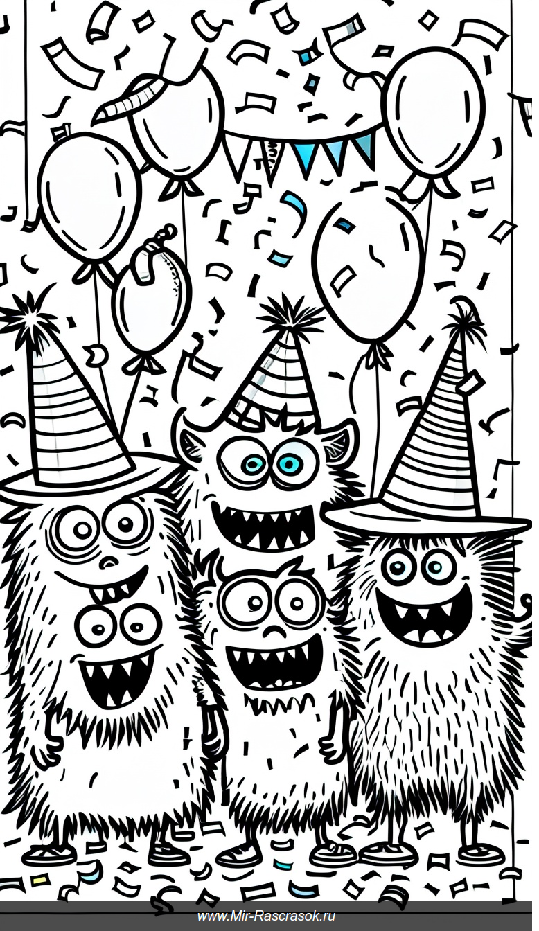 Веселая вечеринка забавных монстриков в раскраске с шариками и конфетти