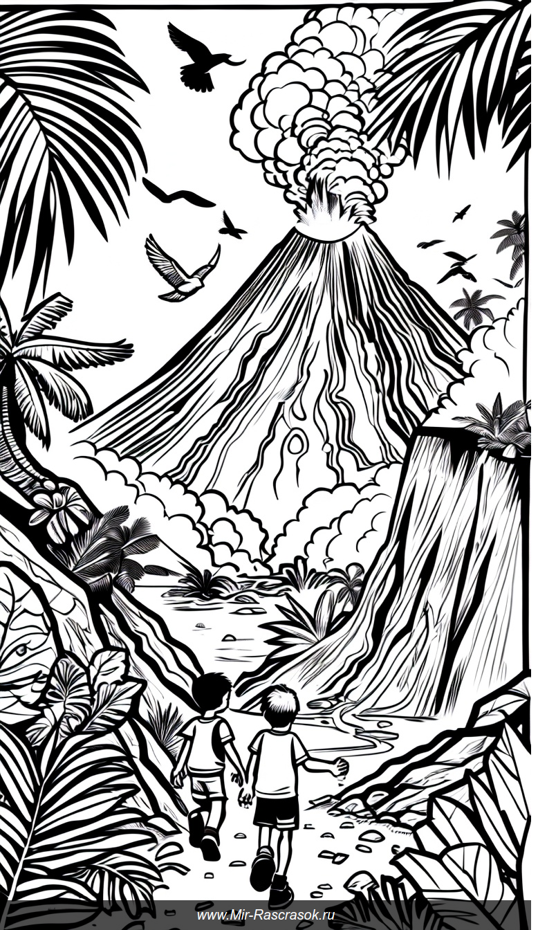 Приключения детей у вулкана раскраска с лавой и тропиками