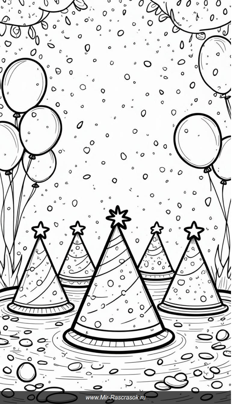 Раскраска Веселая Атмосфера Праздничных Шляп и Украшений