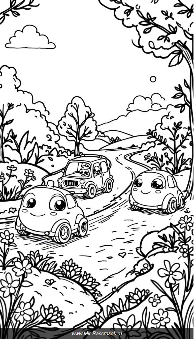 Весёлые машинки в солнечном парке для детской раскраски