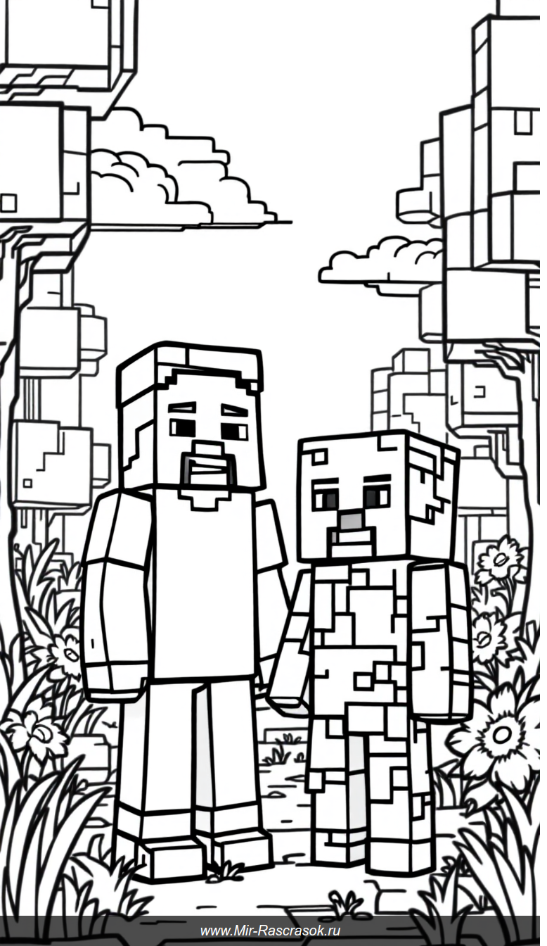 Дружелюбный мир Майнкрафт для детской раскраски с Стивом и Крипером