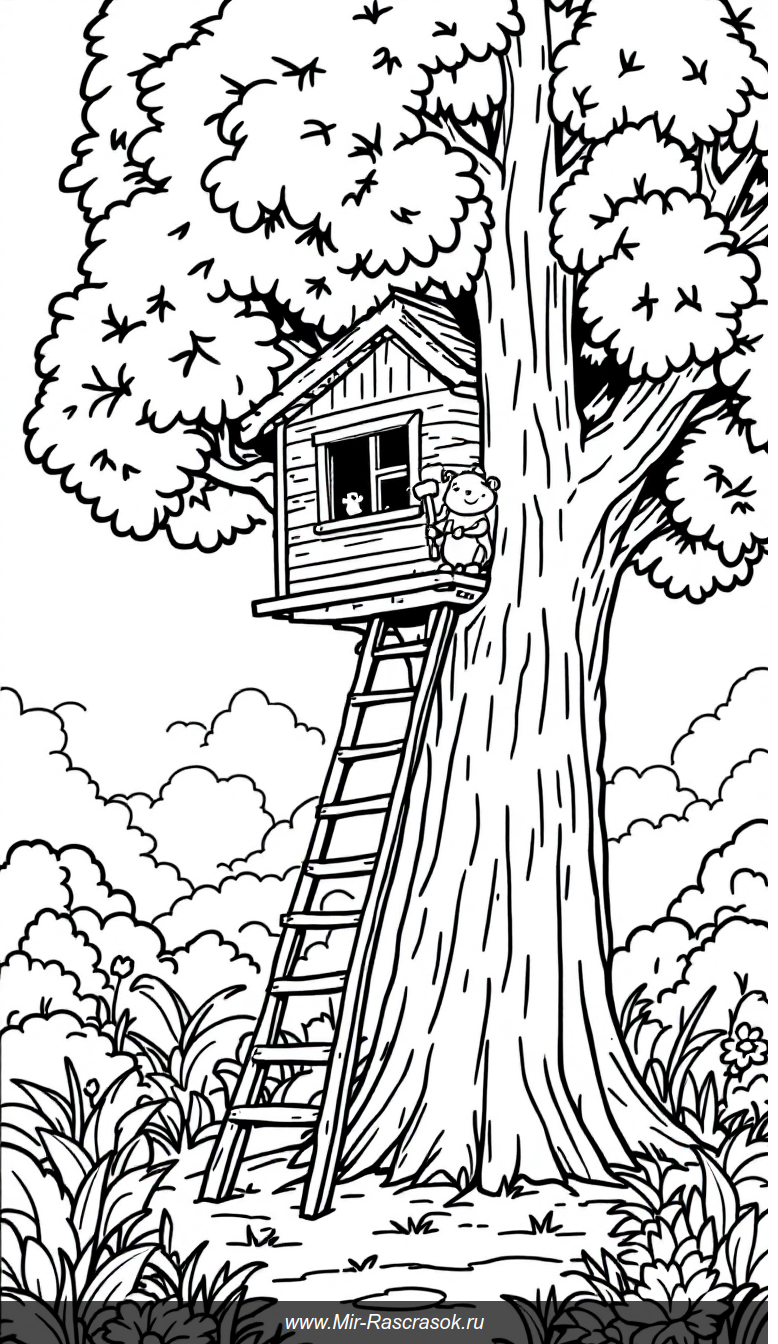 Дружелюбный капибара строит домик на дереве для детской раскраски