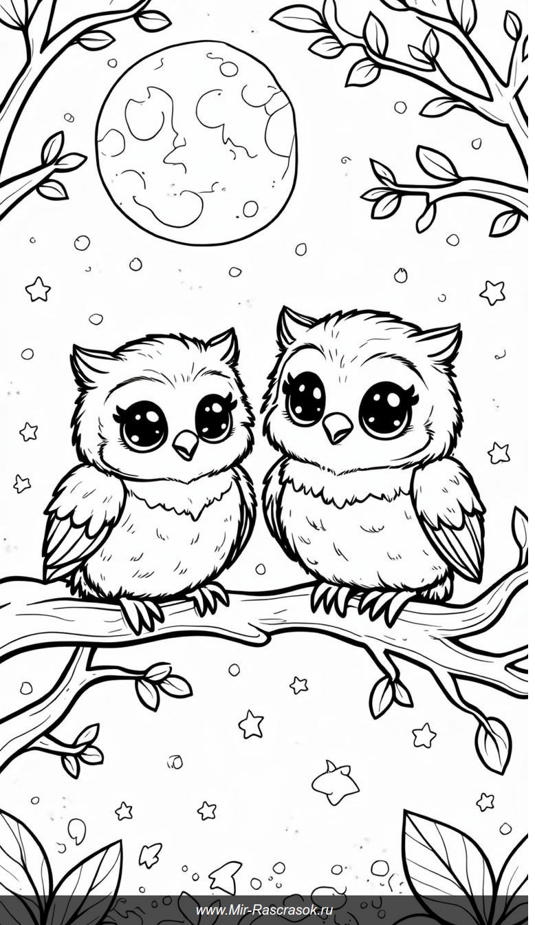 Две совы на лунной ветке с листьями и звёздами