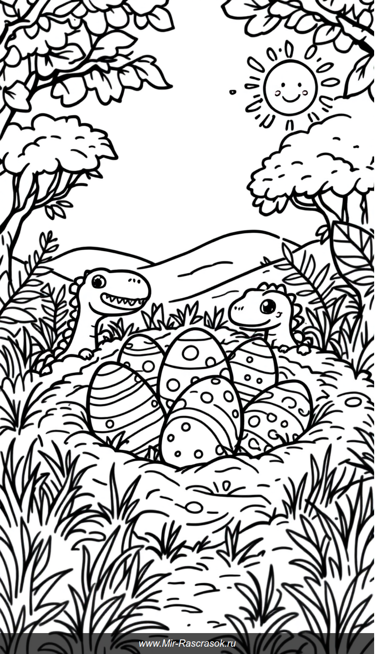 Дружелюбные динозавры и яйца в яркой раскраске для детей
