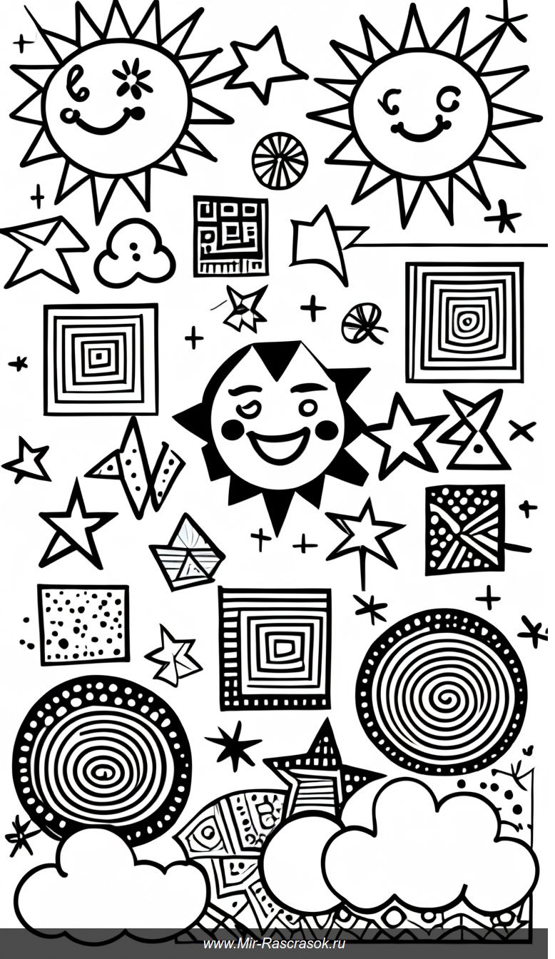 Раскраска с геометрическими фигурами и улыбающимся солнцем для весёлого творчества