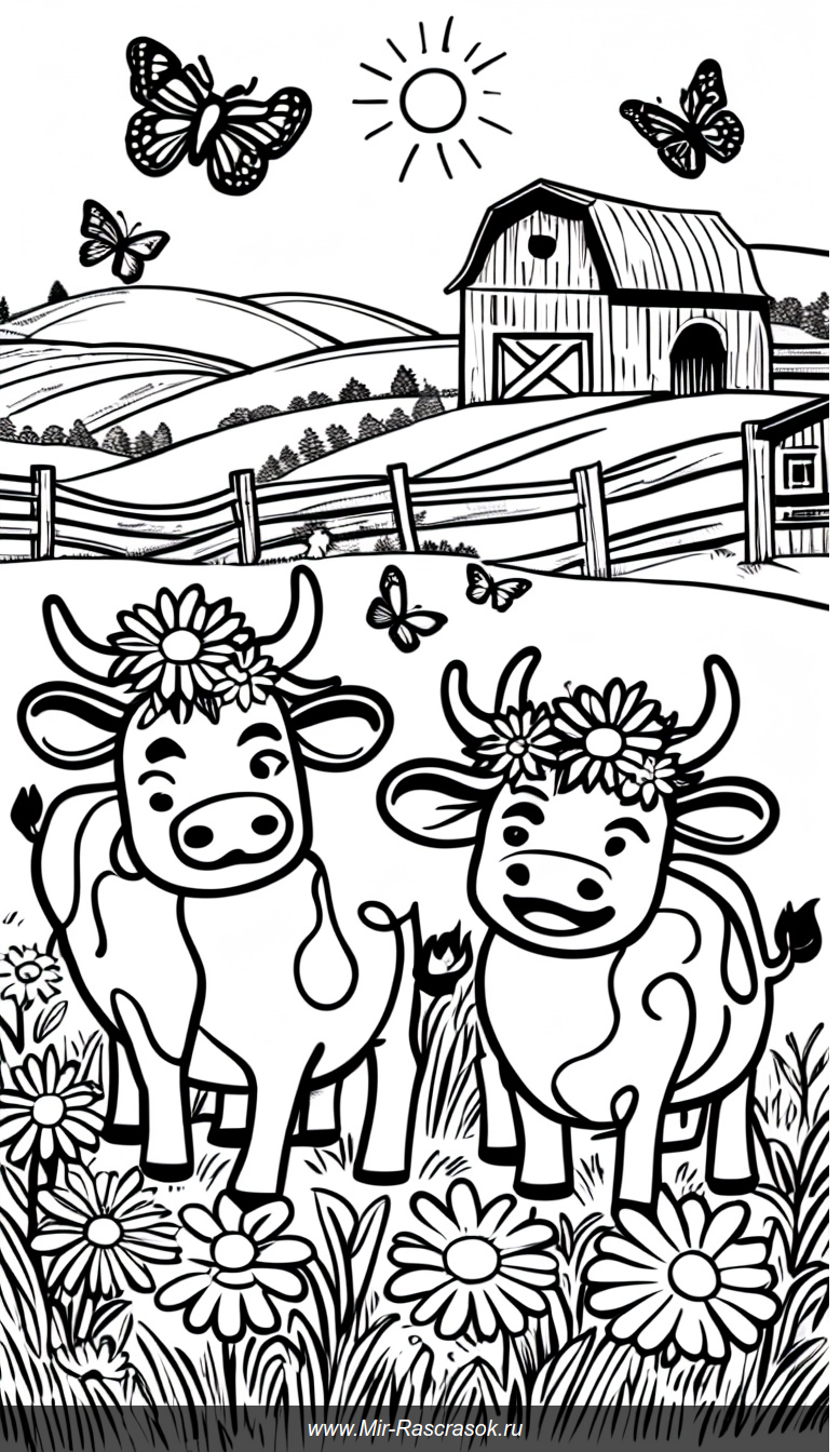 Веселые коровы в солнечном лугу Раскраска с цветочными венками и бабочками