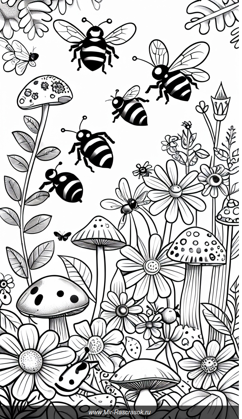 Раскраска сад радости с божьими коровками пчелами и бабочками