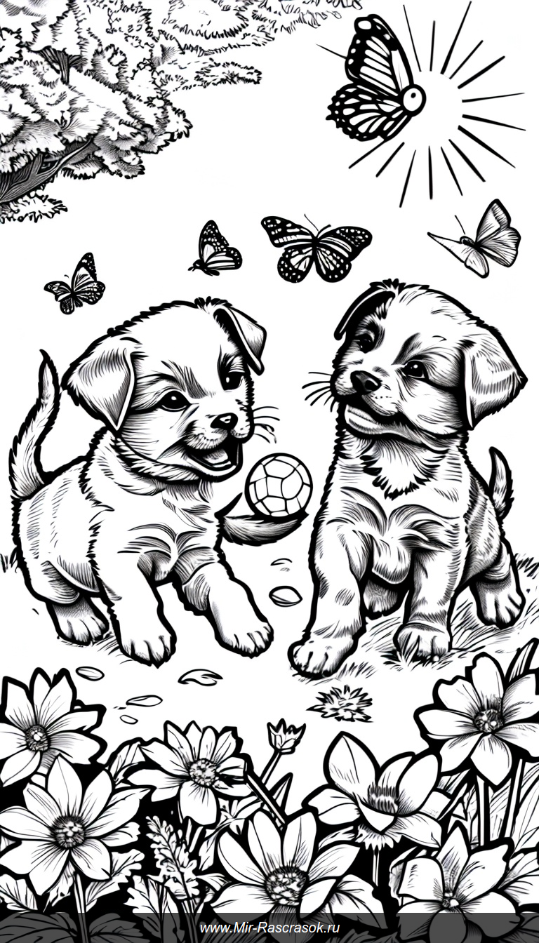 Раскраска с игривыми щенками в солнечном парке среди цветов и бабочек