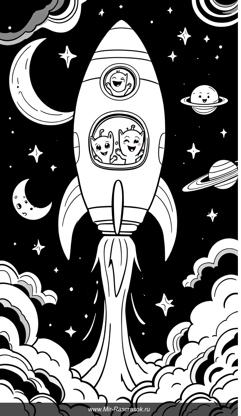 Веселый космический корабль и дружелюбные пришельцы для детской раскраски