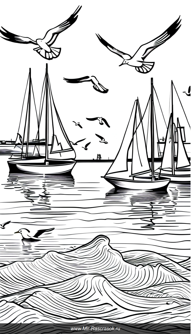 Раскраска спокойной гавани с парусниками и чайками над тихой водой