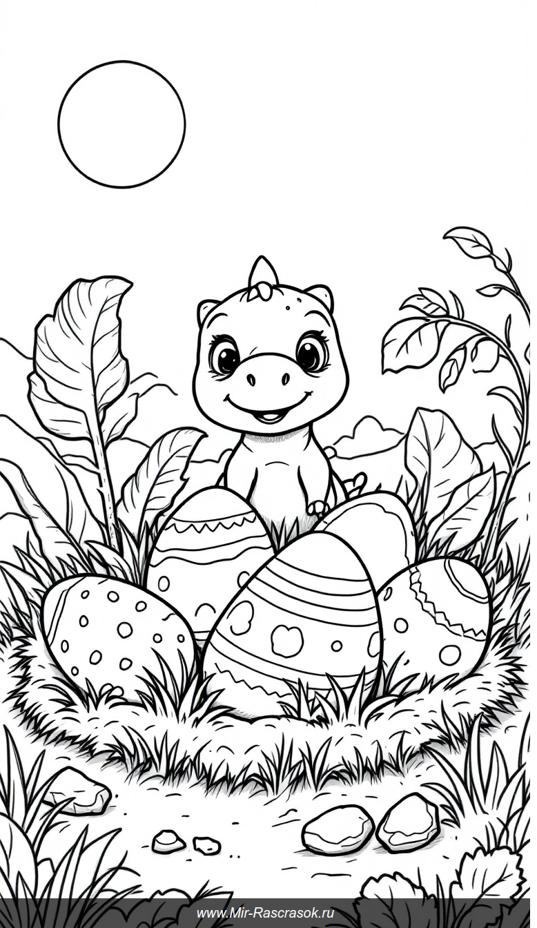 Добрые динозавры и четыре яйца в раскраске для самых маленьких