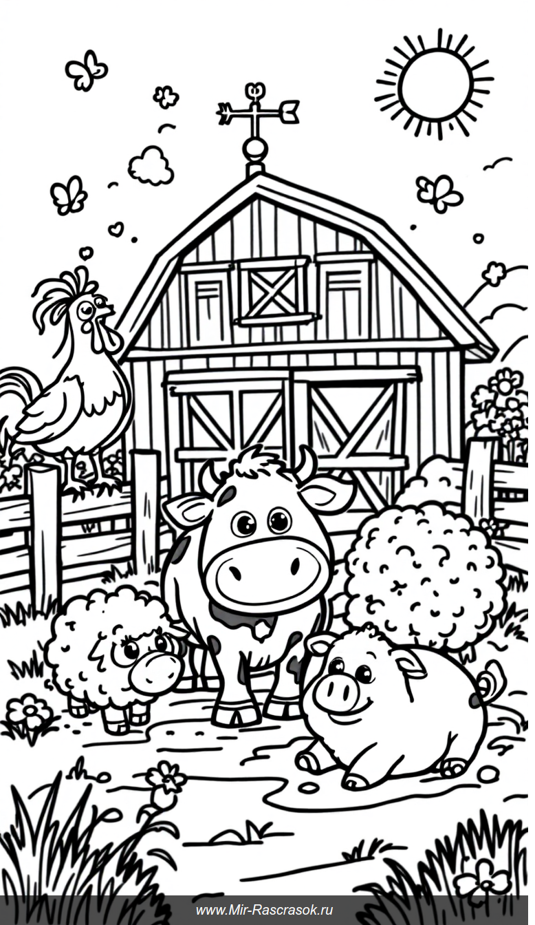 Веселая раскраска с животными на ферме для маленьких художников