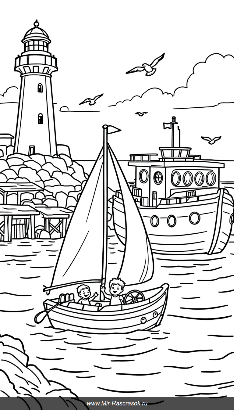 Веселый порт для раскрашивания дружелюбные корабли и маяк для детей