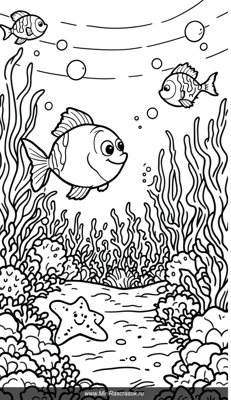 Веселый подводный мир для детского раскрашивания с рыбками и кораллами