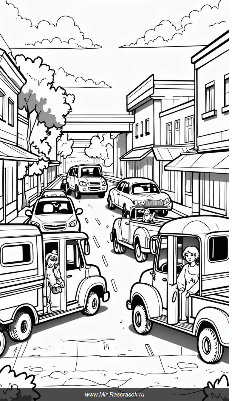 Живописный городской пейзаж с автобусами и грузовиками