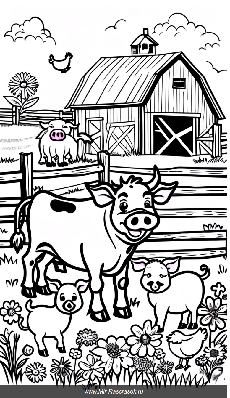 Раскраска с счастливыми фермерскими животными в деревенском стиле