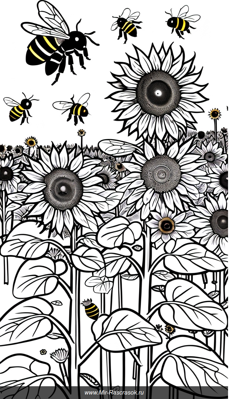 Раскраска с полем ярких подсолнухов и жужжащими пчелами для творчества
