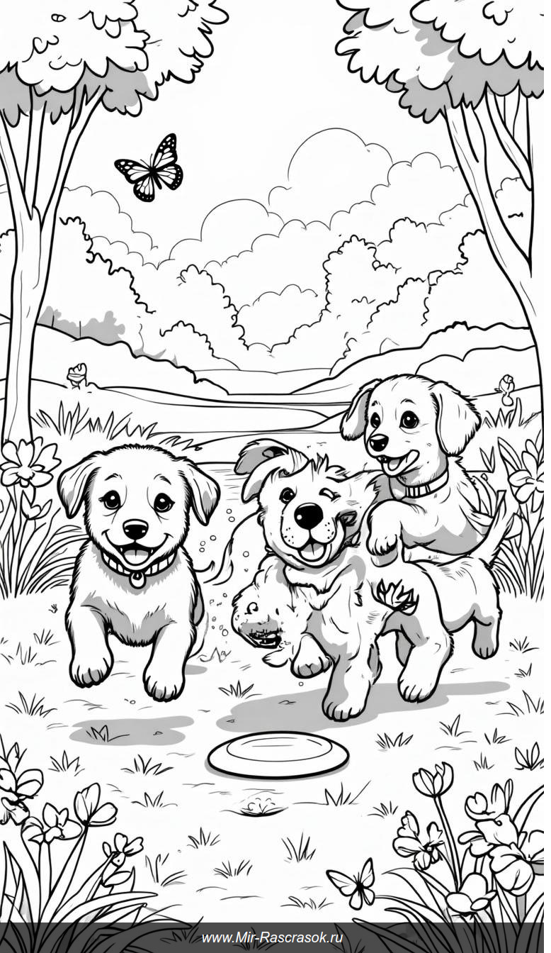 Веселая сцена с щенками в парке для раскрашивания