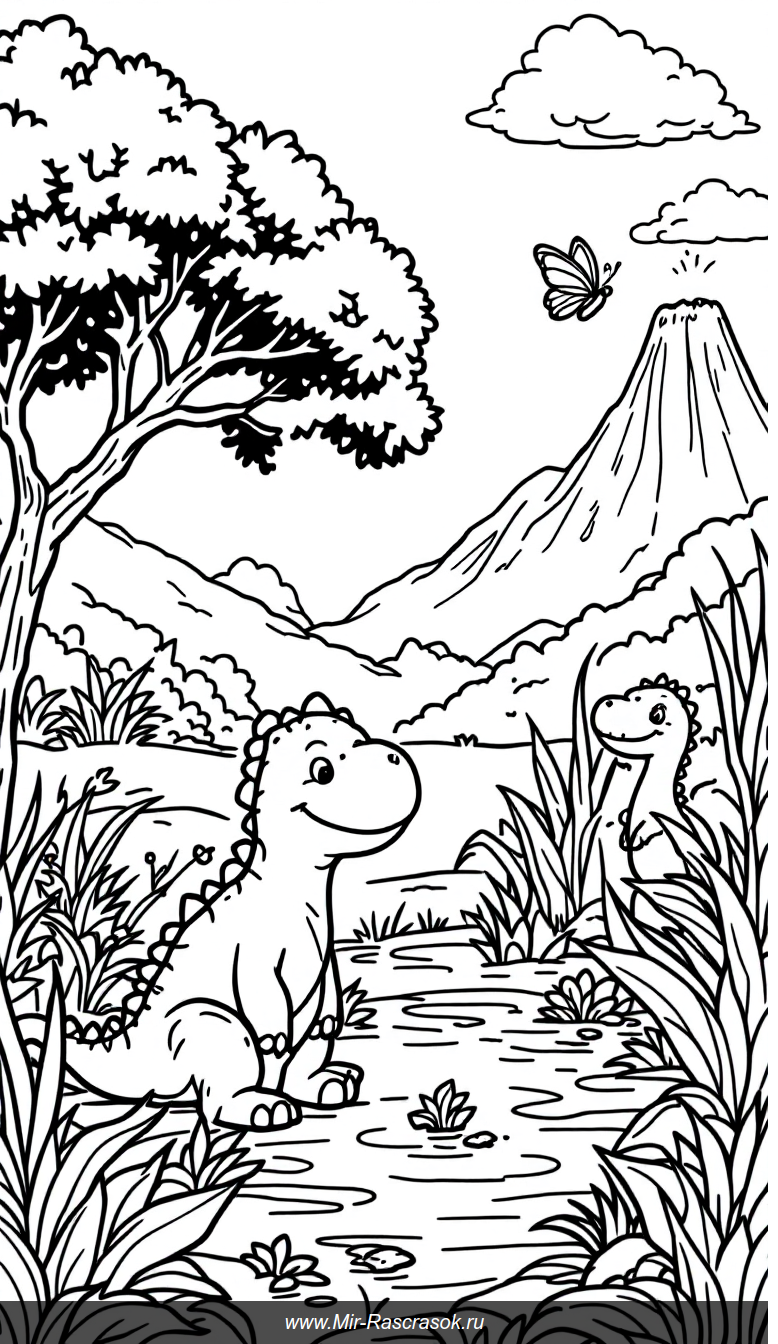 Веселые малышки-динозавры в доисторическом парке для раскраски