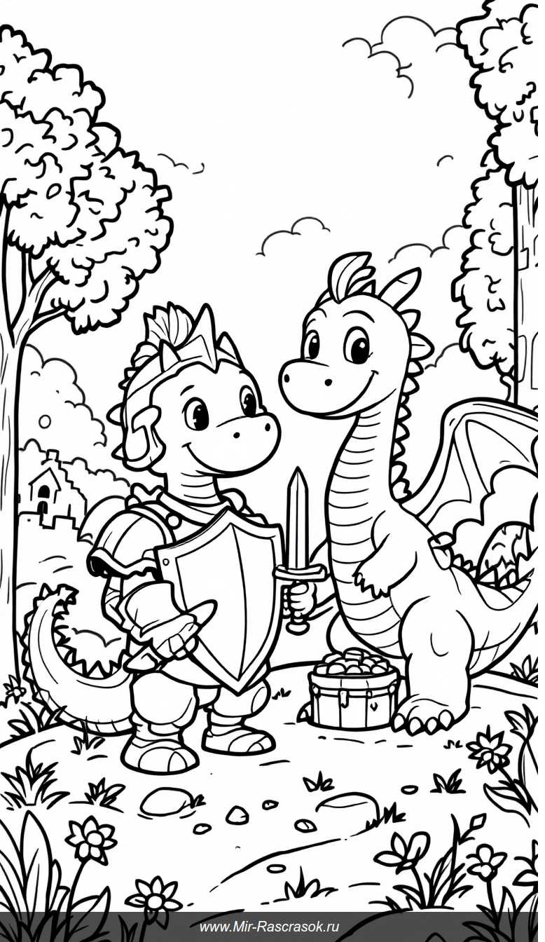 Дружелюбный дракон и храбрый рыцарь в раскраске для детей