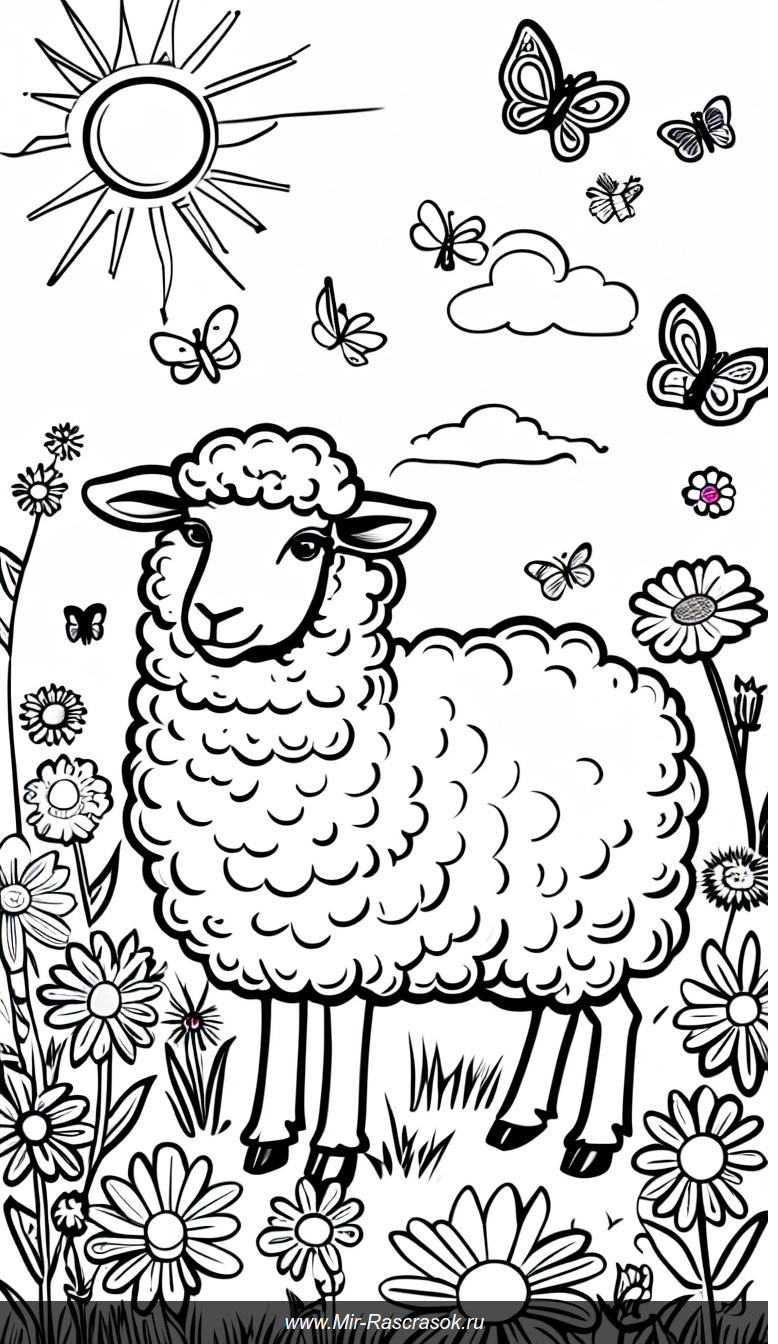 Раскраска с пушистым барашком в цветущем лугу под ярким солнцем