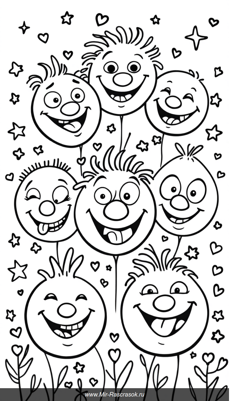 Весёлые улыбки и забавные мордашки для детской раскраски