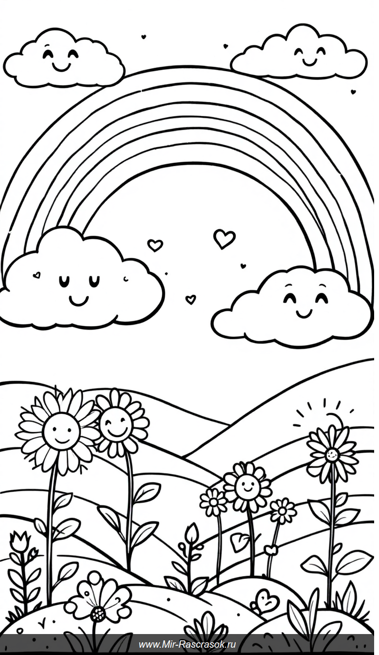 Веселая раскраска с улыбающейся радугой и счастливыми облаками для детей