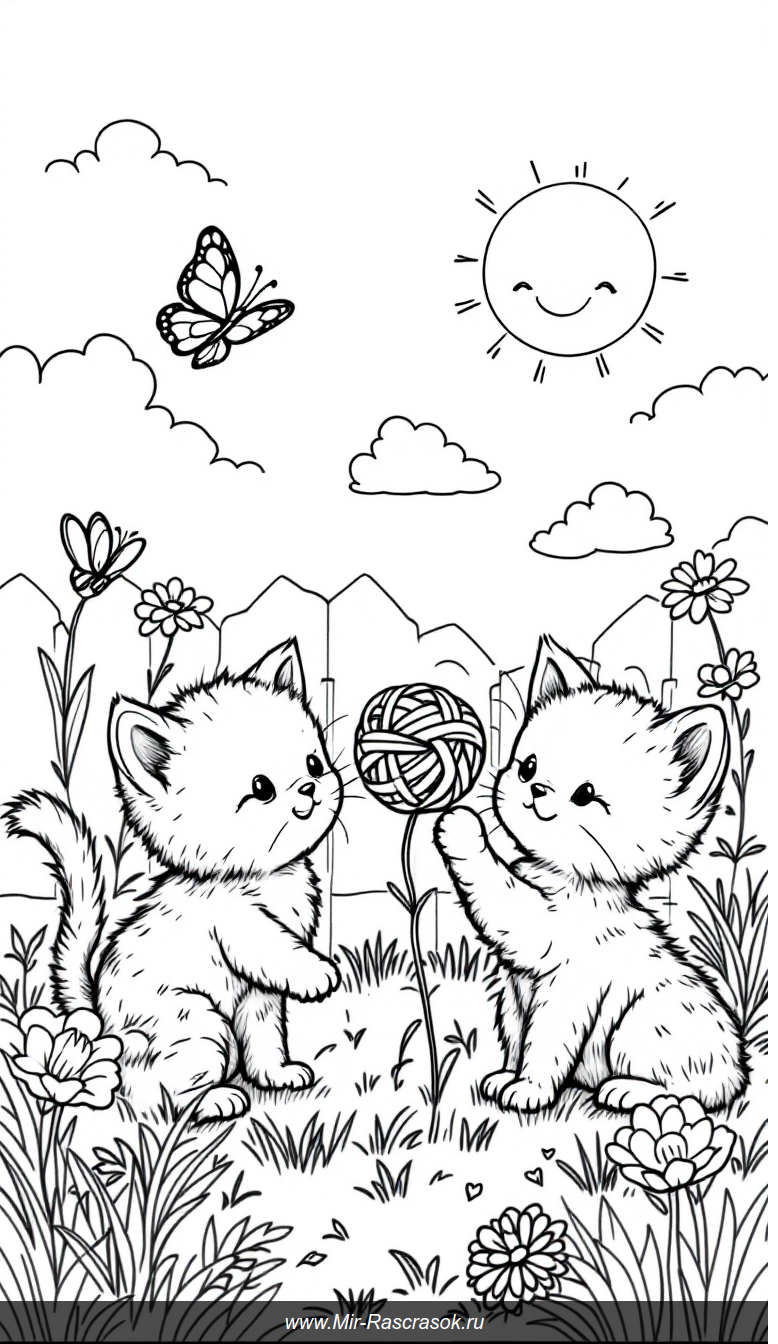 Три милых котёнка в солнечном саду раскраска для детей