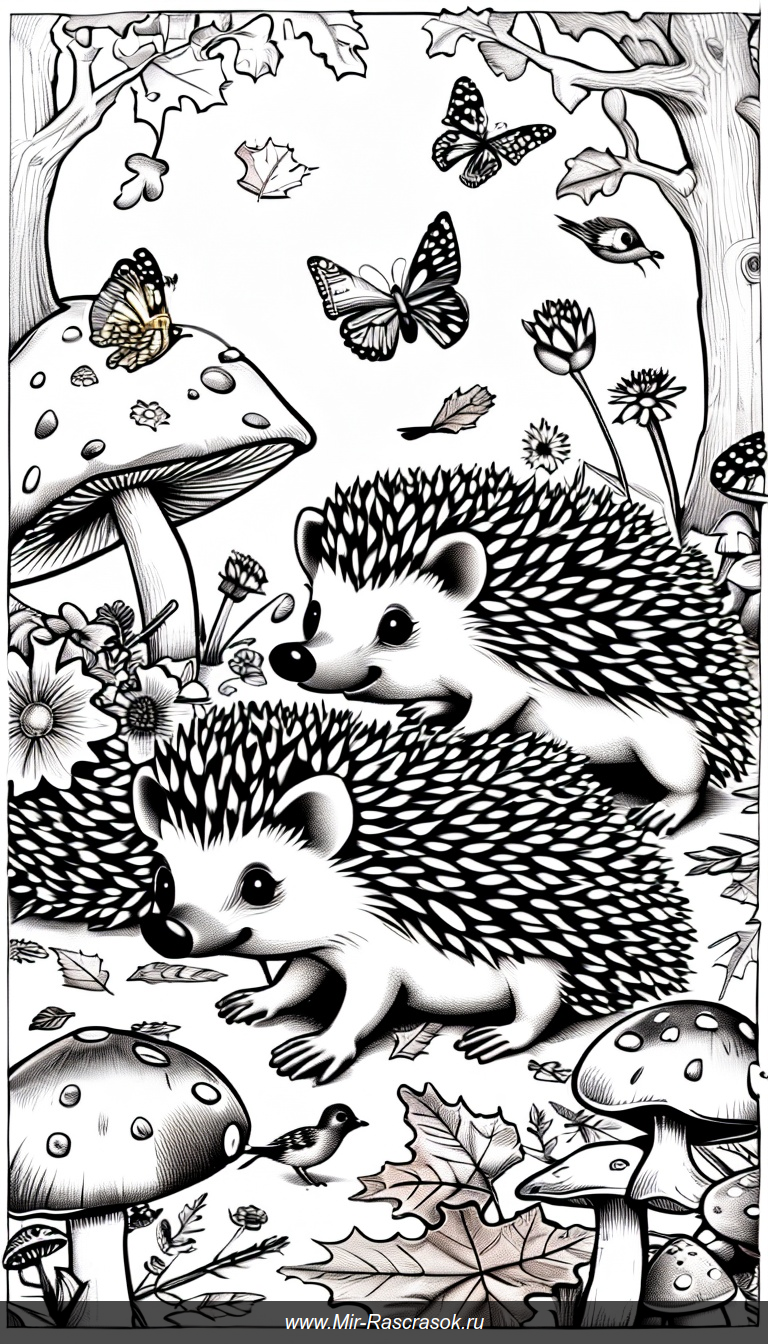 Три ежика в волшебном лесу раскраска с бабочками и птицами