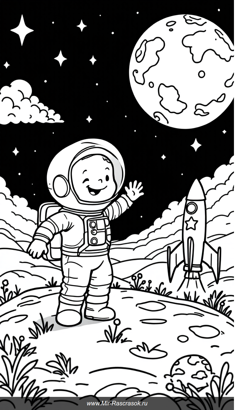 Весёлый астронавт на Луне в раскраске для детей